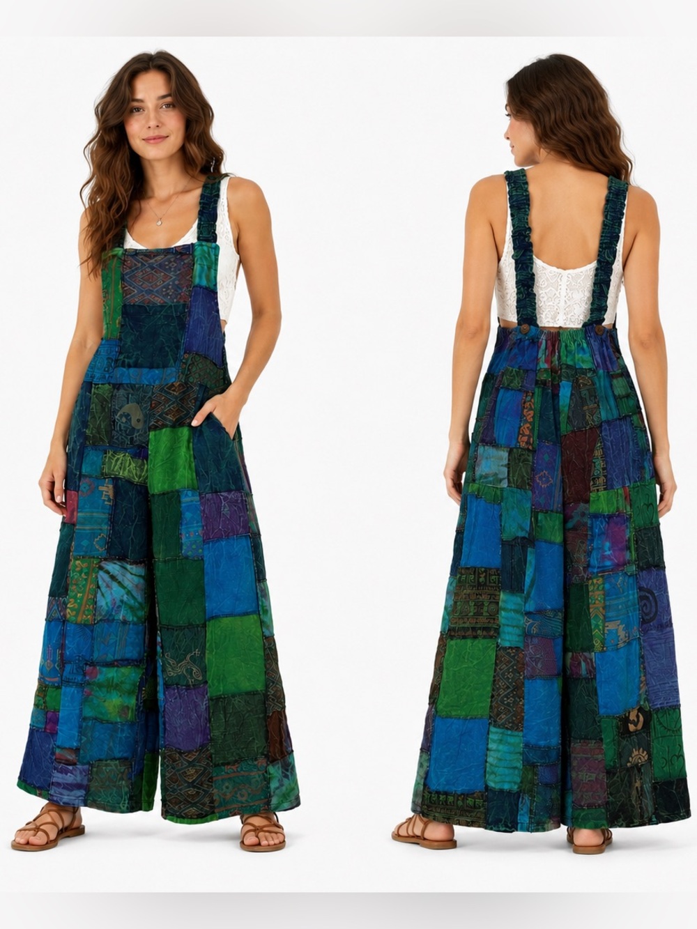 Rising International Handmade Wide Leg Patchwork Overall Jumpsuit Womens SZ OS